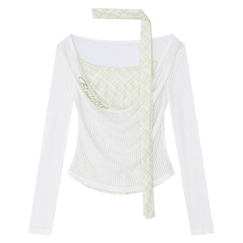 Fake two checkered one shoulder long sleeved tops