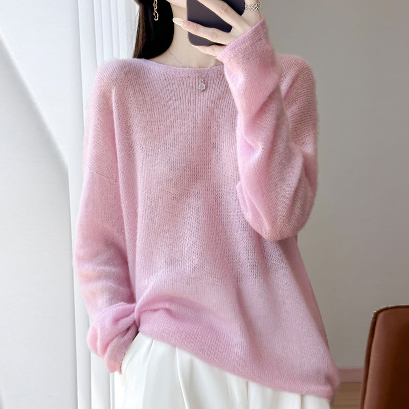 Round neck sweater top paired with knitted sweater for women
