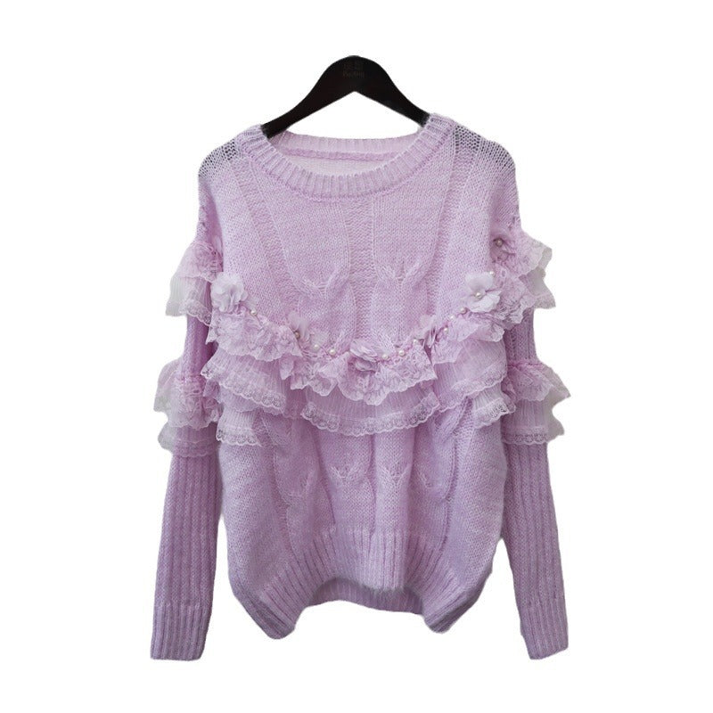 Splicing mesh flower sweater