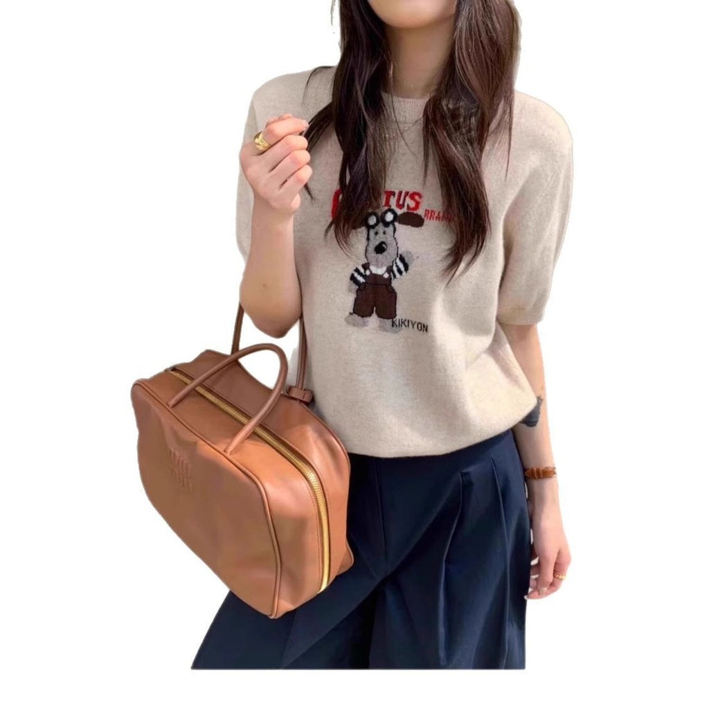 Cartoon Dog Short Sleeve Knitted Shirt for Women