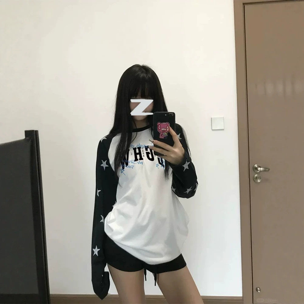 Casual Star Print Long Sleeve Raglan Crew Neck Women's T-Shirt