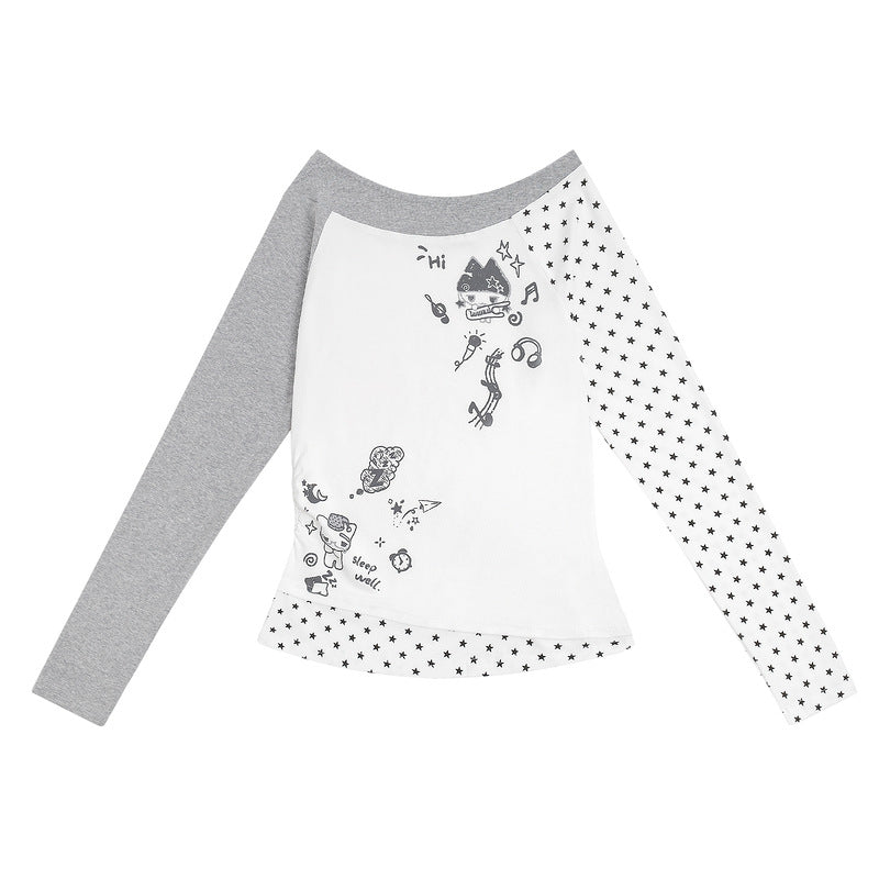 Cartoon kitten note splicing contrasting long sleeved T-shirt for women