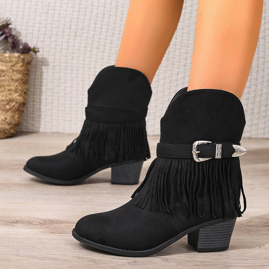 Western Style Fringe Ankle Boots for Women, Chunky Heel, Thick Sole, Belt Buckle, Leather Boots, Summer Fashion, Slip-On Design