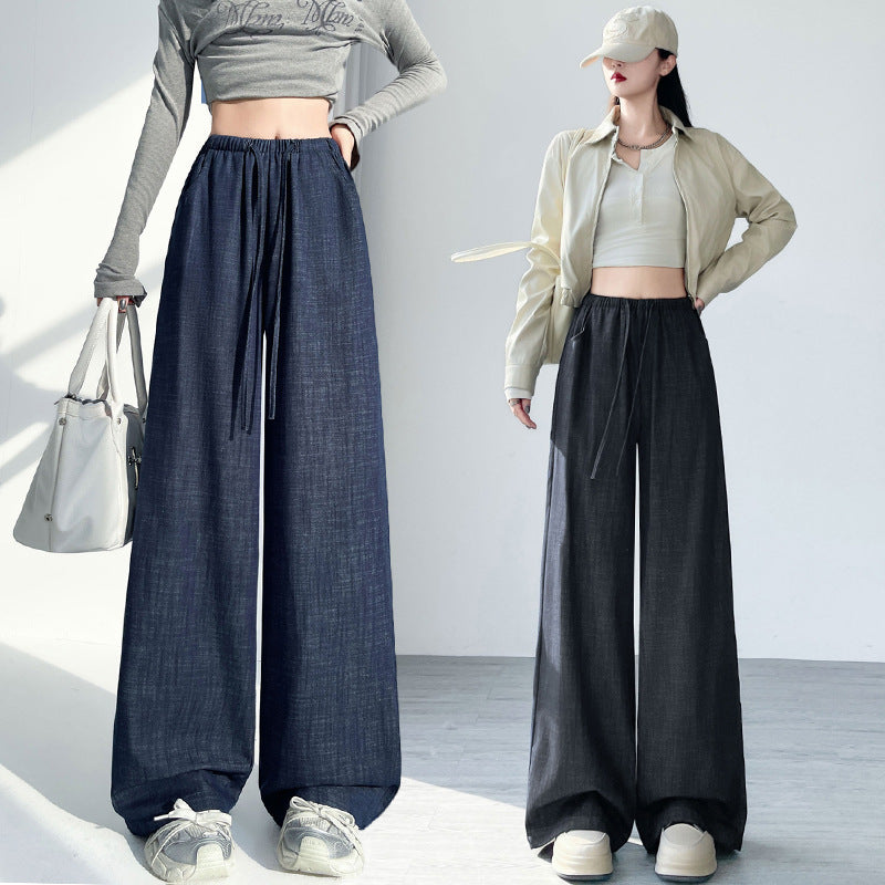 Jeans Wide Leg Pants Women Drawstring Elastic Waist Slimming Loose Floor-Length Relaxed Wide Leg Casual Pants