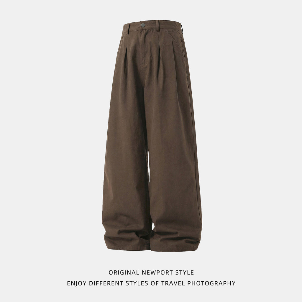 Vintage Simple Versatile Double Pleat Casual Pants for Men Spring Basic Wide Leg Loose Texture Straight Fit Long Trousers