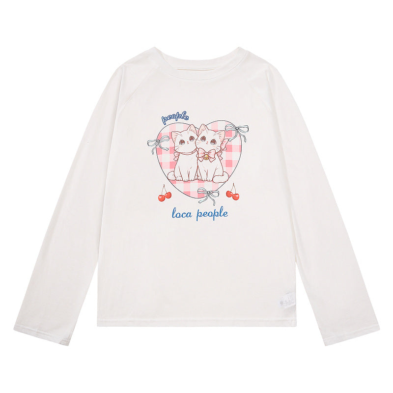 Light blue raglan butterfly bow cherry women's T-shirt
