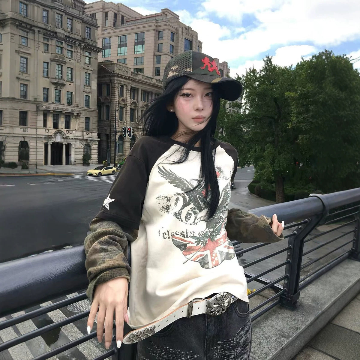Street Vintage Camo Flag Patchwork Long Sleeve Printed T-Shirt