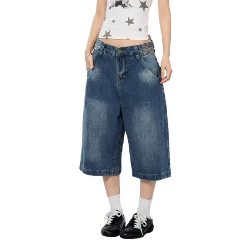 Distressed Denim Capri Pants with Button Closure for Men and Women