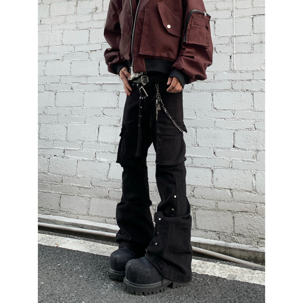 Black Studs Patchwork Workwear Denim Pants