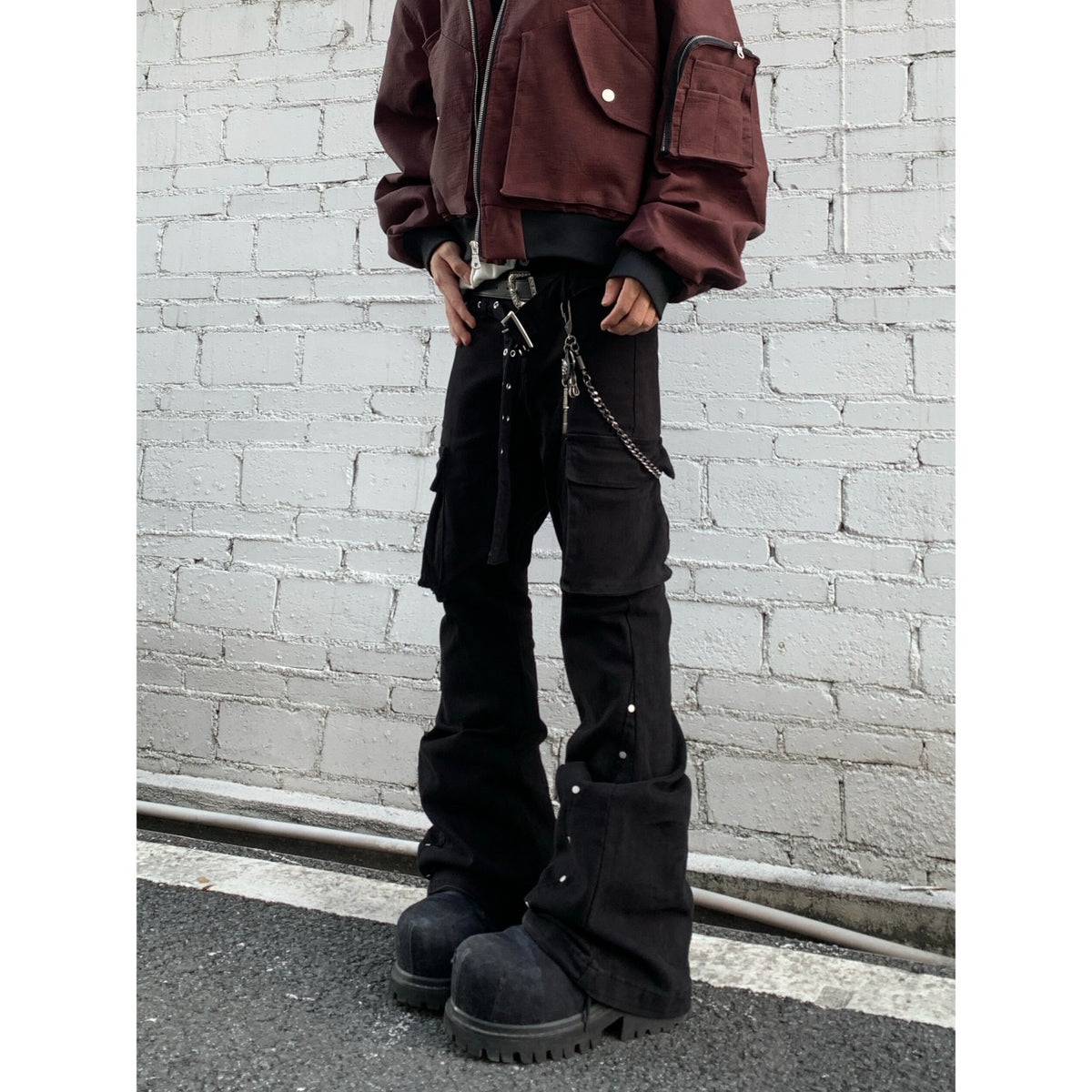 Black Studs Patchwork Workwear Denim Pants
