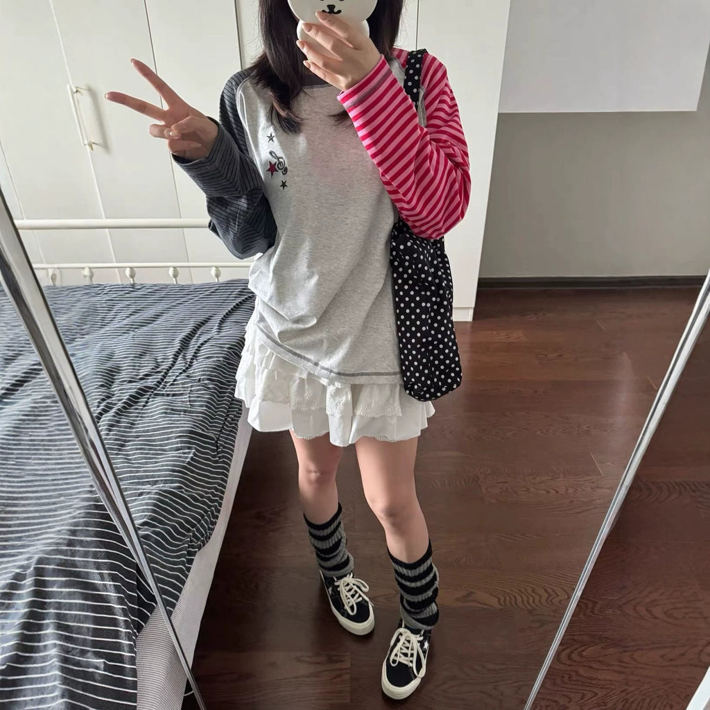 Contrast Stripe Embroidery Long Sleeve Women's Loose T-Shirt
