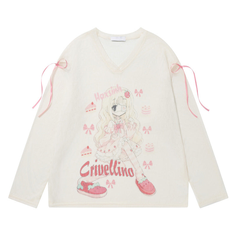 Cartoon Girl V-neck Hoodie Long sleeved T-shirt Female