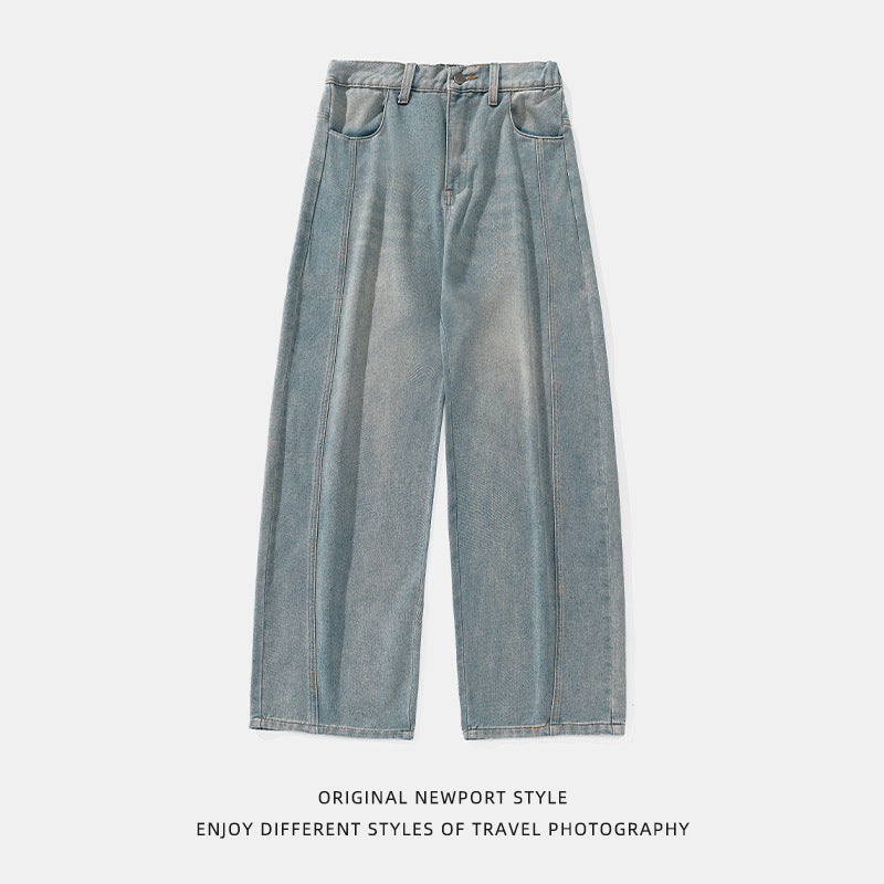 Vintage Washed Oversized Denim Pants Men Split Structure Knife Pants Trendy Loose Long Pants