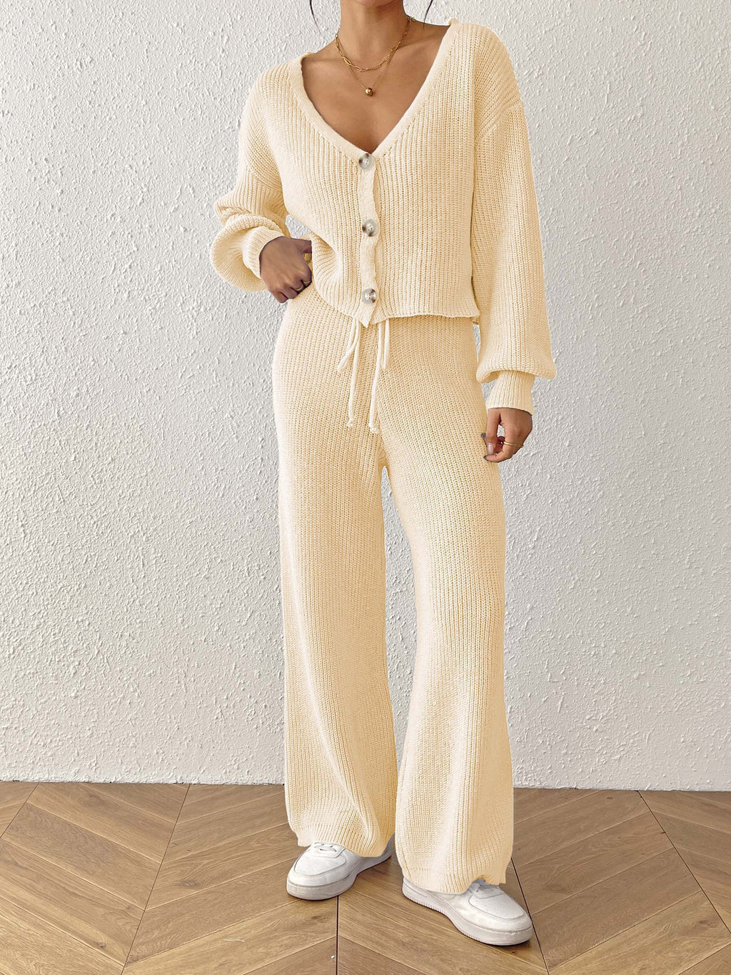 Women's Pure Color Elegant Two-Piece Set Short Top Loose Cardigan Straight Leg Drawstring Pants