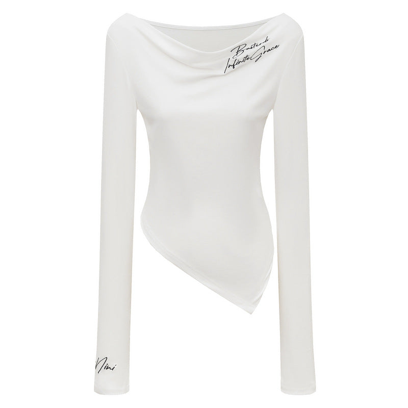 Swing collar long sleeved T-shirt with diagonal cut hem