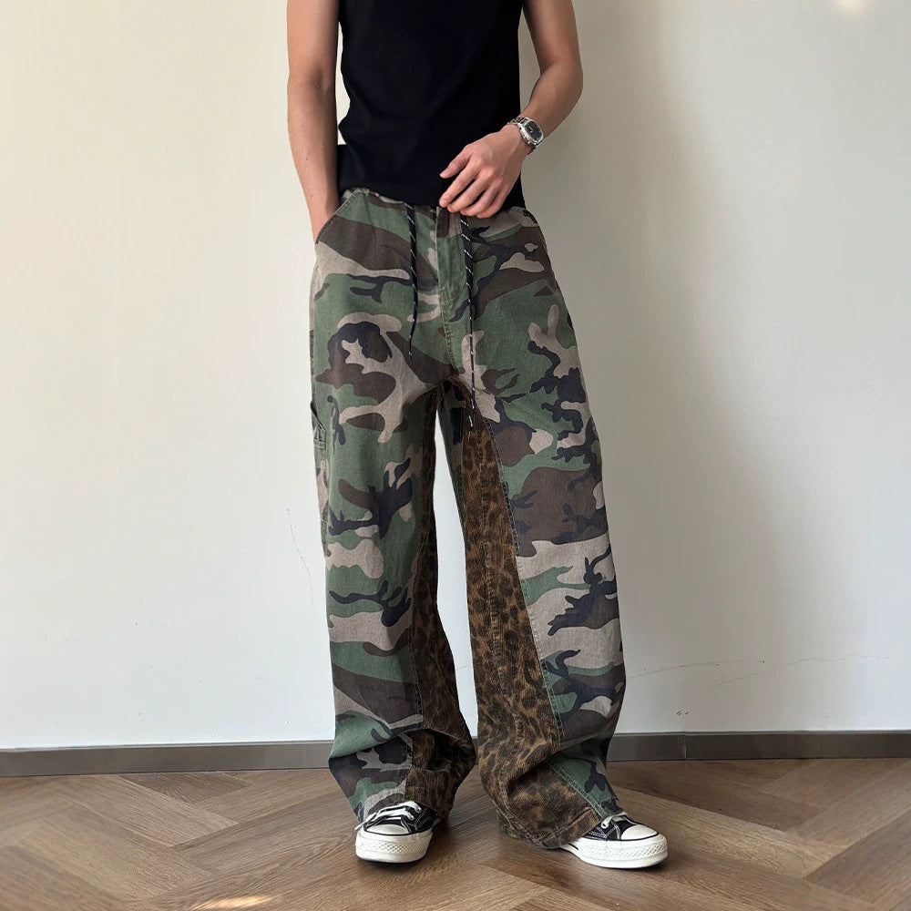 Men's Summer Leopard Print Patchwork Loose Casual Versatile Fashion Color-blocked Denim Pants