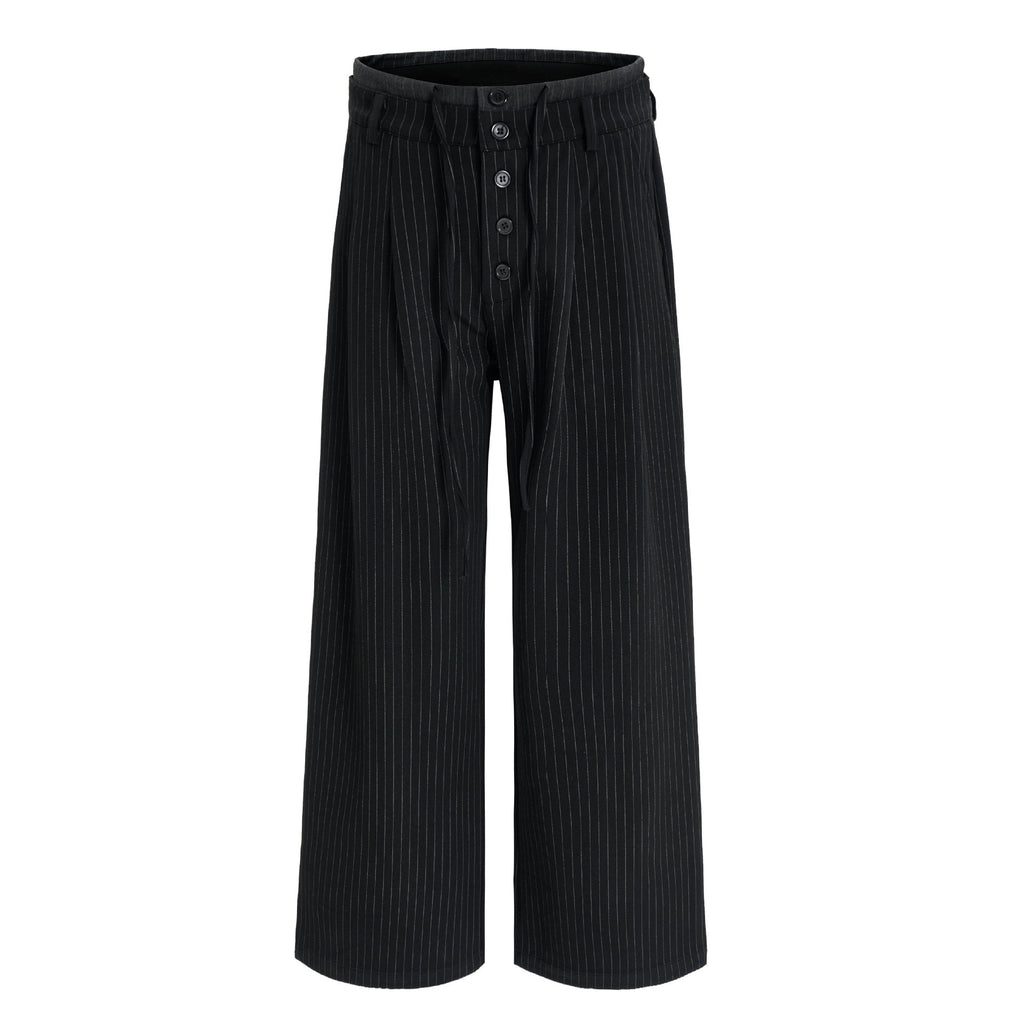 Summer Double Waistband Design Striped Casual Dress Pants for Men, High-End Loose Pleated Wide-Leg Suit Trousers