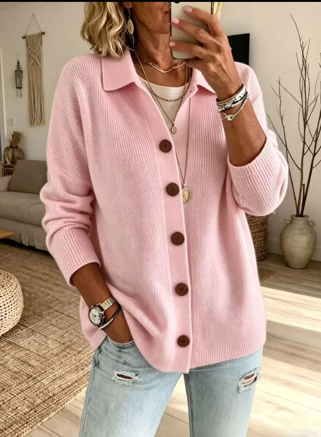 Button knit lapel sweater cardigan jacket