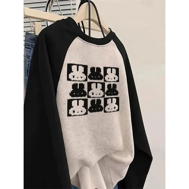 Vintage Raglan Sleeve Lightweight Crewneck Hoodie for Women, Cartoon Print, Loose Fit Long Sleeve Top