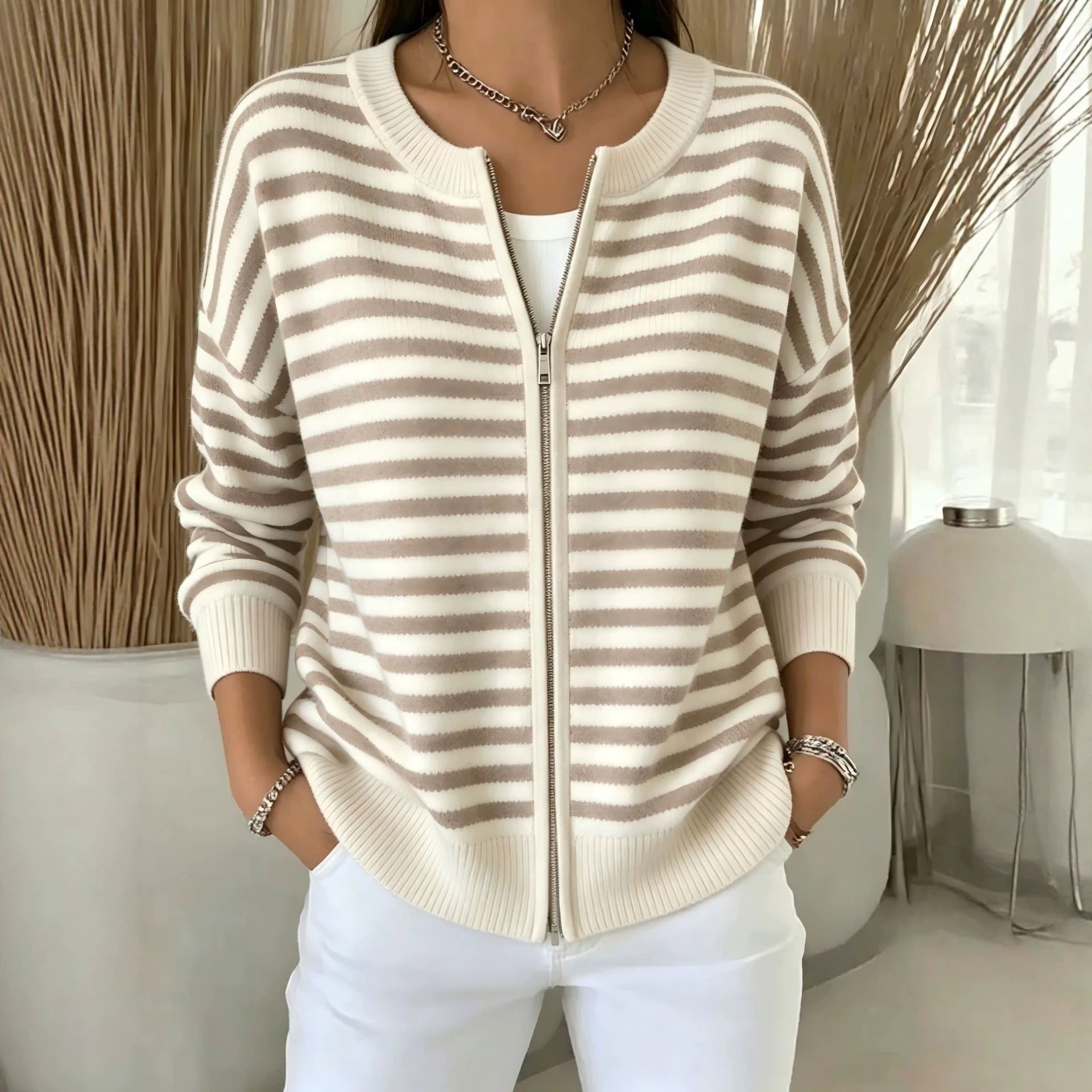 Striped zipper knitted cardigan for women