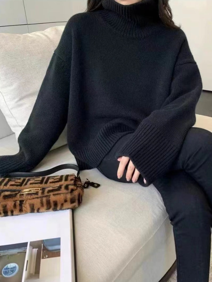 High neck solid color sweater for women in autumn and winter