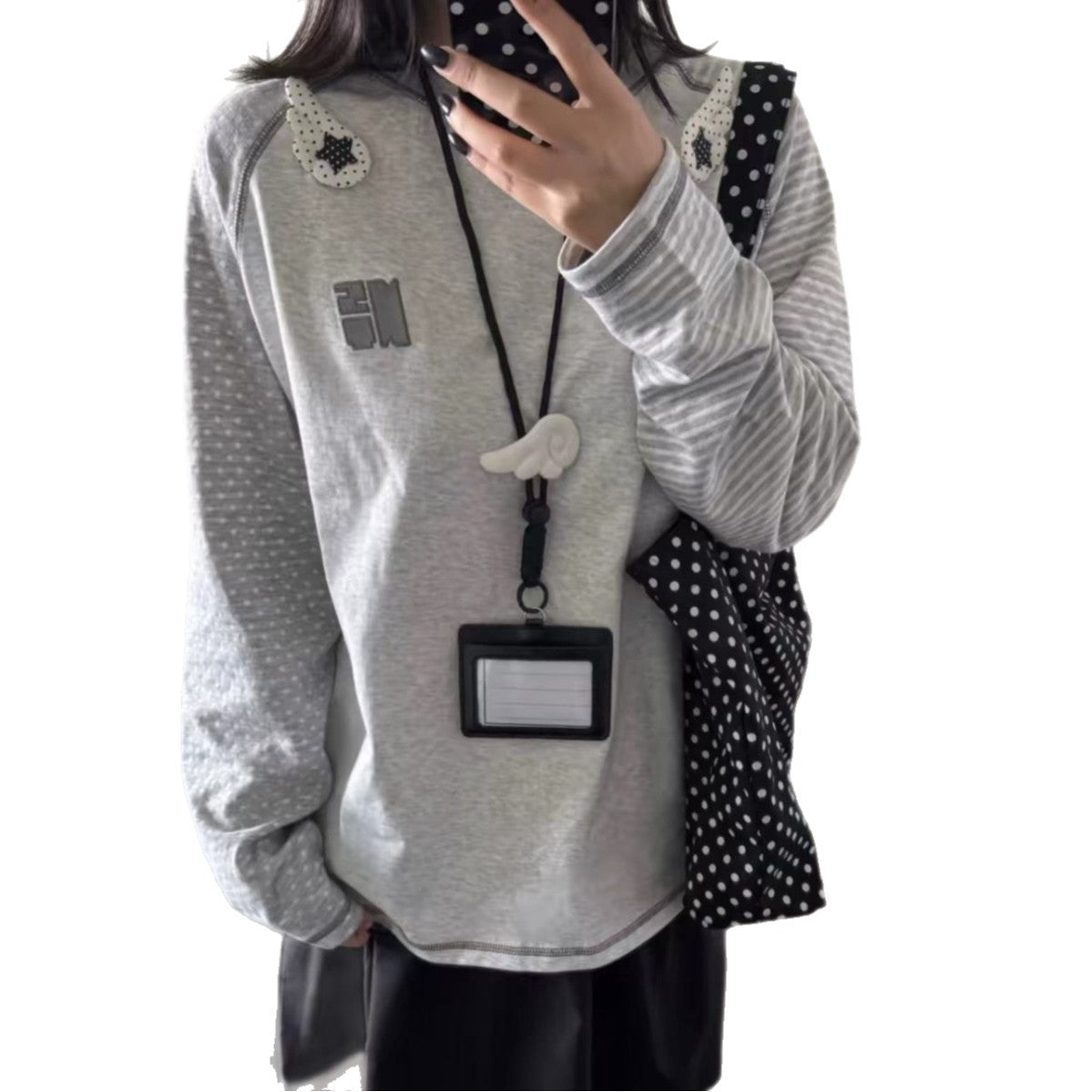 Polka Dot Stripe Angel Wing Print Long Sleeve Women's T-Shirt
