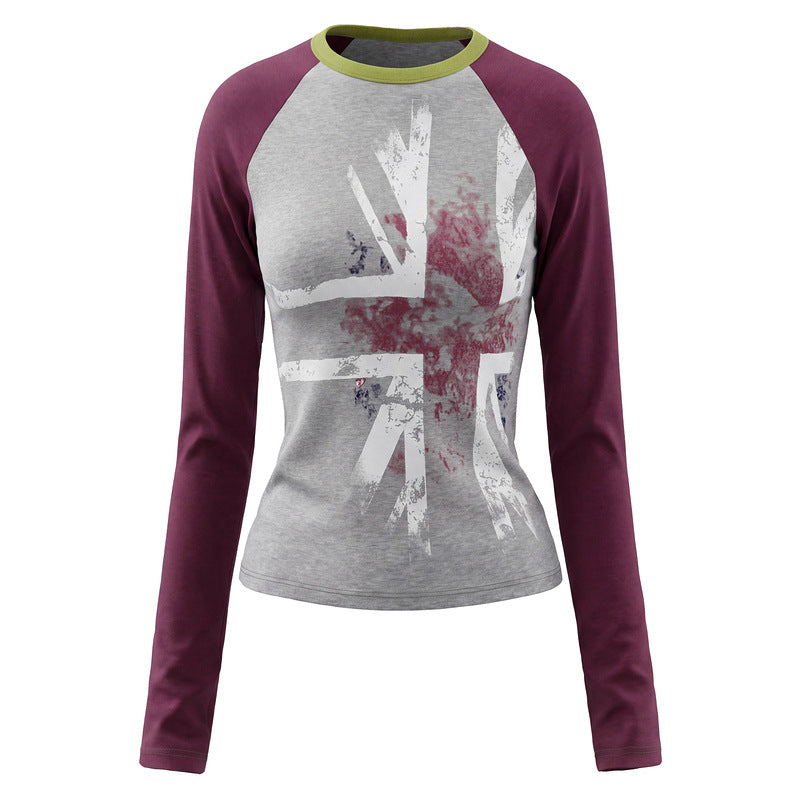 Blue and white raglan sleeve long sleeved T-shirt for women