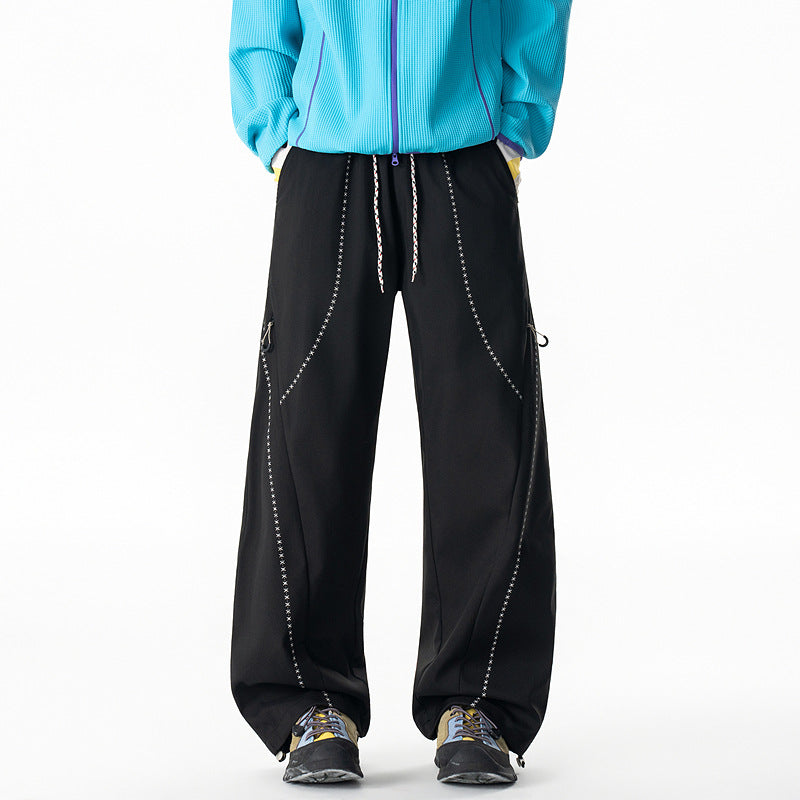 Summer Topstitch Design Quick-Dry Casual Pants, Unisex Straight Loose Fit Outdoor Hiking Windbreaker Trousers