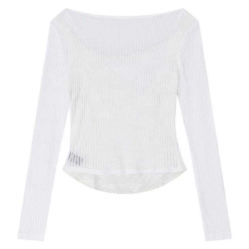 Fake two checkered one shoulder long sleeved tops