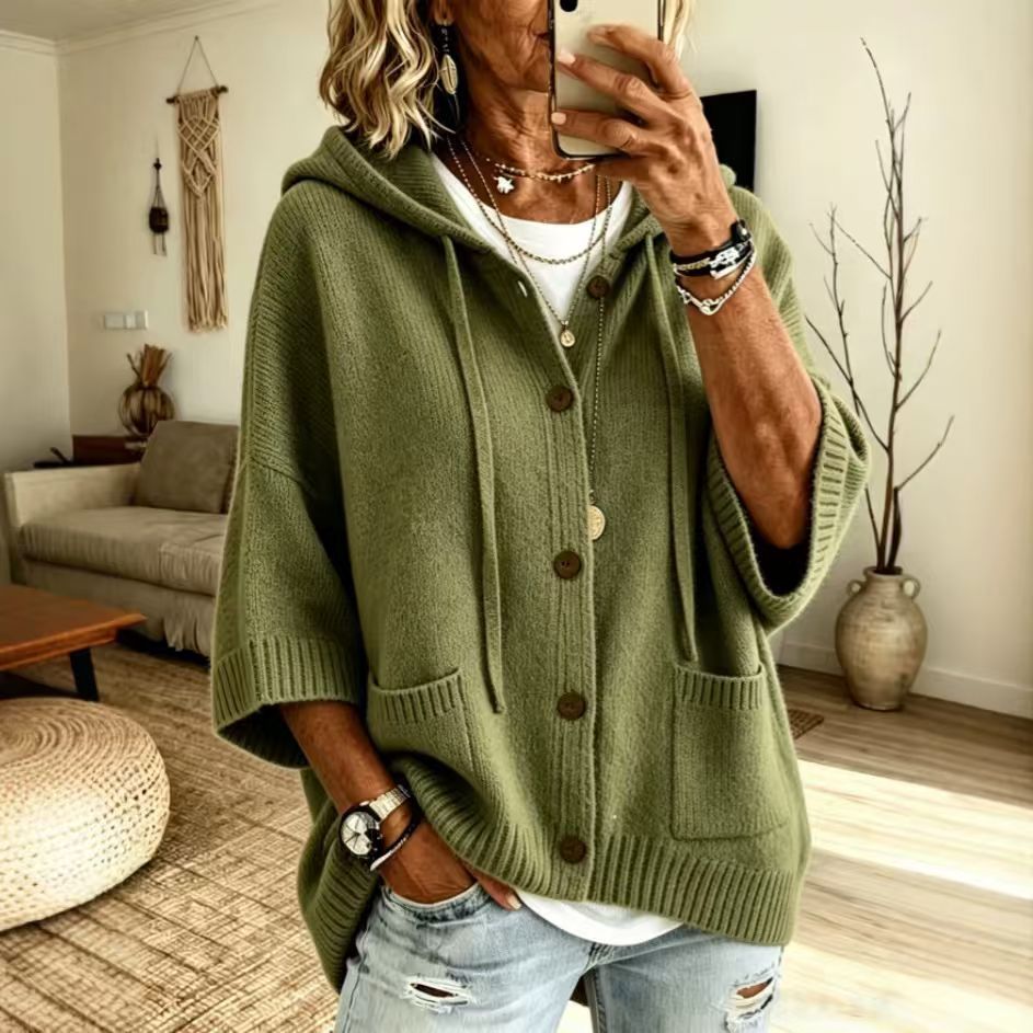 Hooded sweater cardigan solid color casual jacket for women