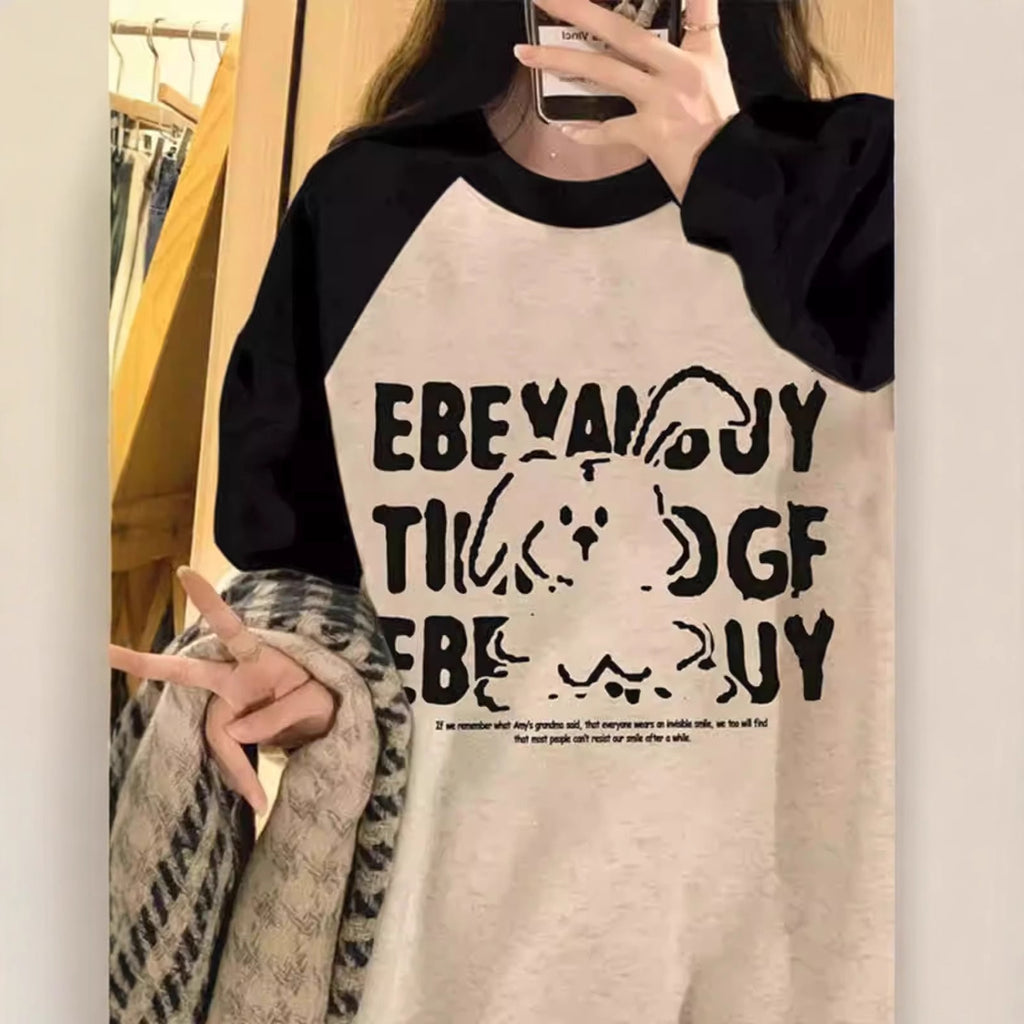 Heavywork Sleeve Lightweight Round Neck Hoodie for Women, Lazy Style Cartoon Print Casual Loose Fit Top for Petite Figures