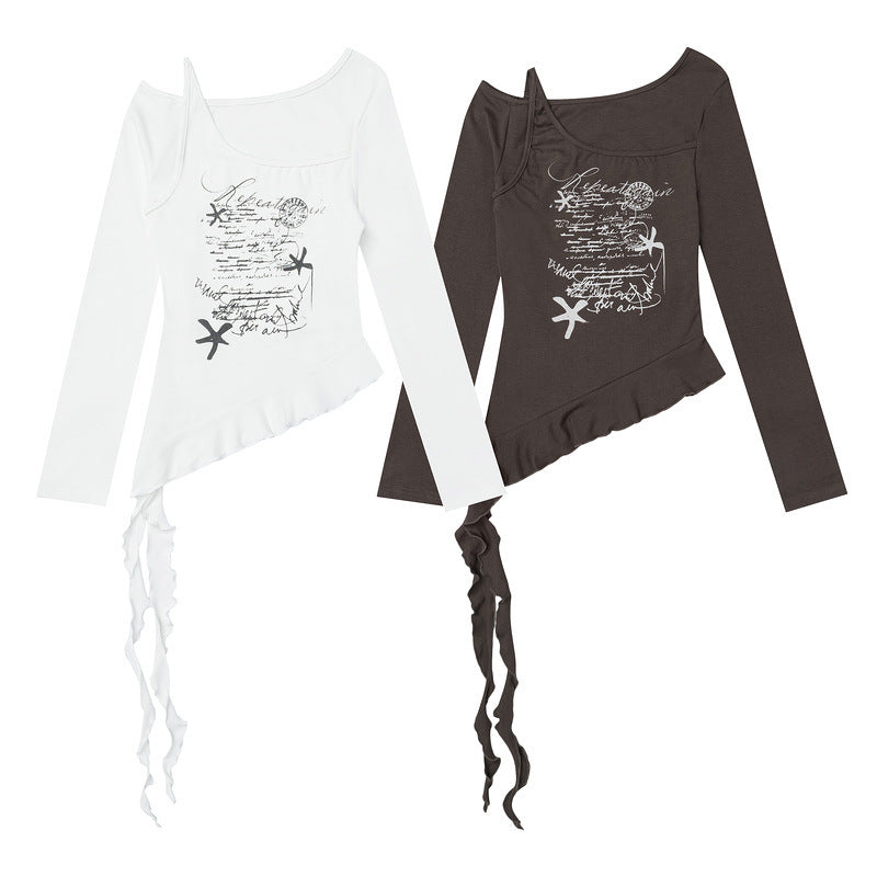 Irregular ribbon hem slanted collar long sleeved t-shirt for women