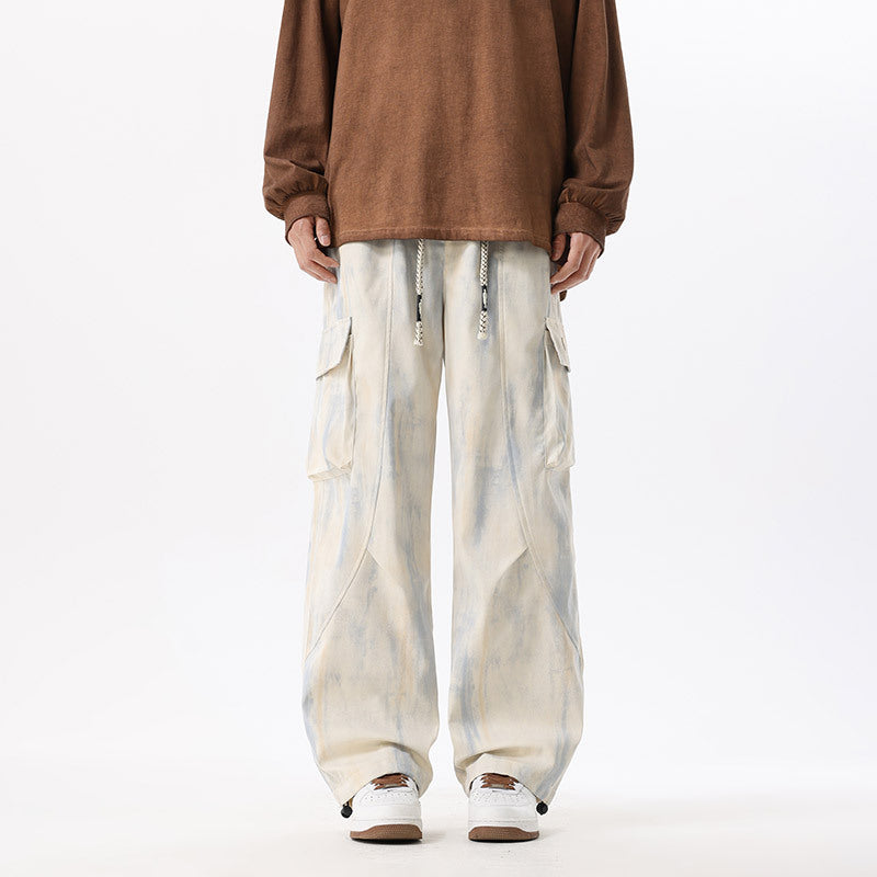 Vintage Distressed Dirty Gray Tie-Dye Casual Wide-Leg Loose Fashion Plus-Size Versatile Multi-Pocket Drawstring Pants Men's Clothing