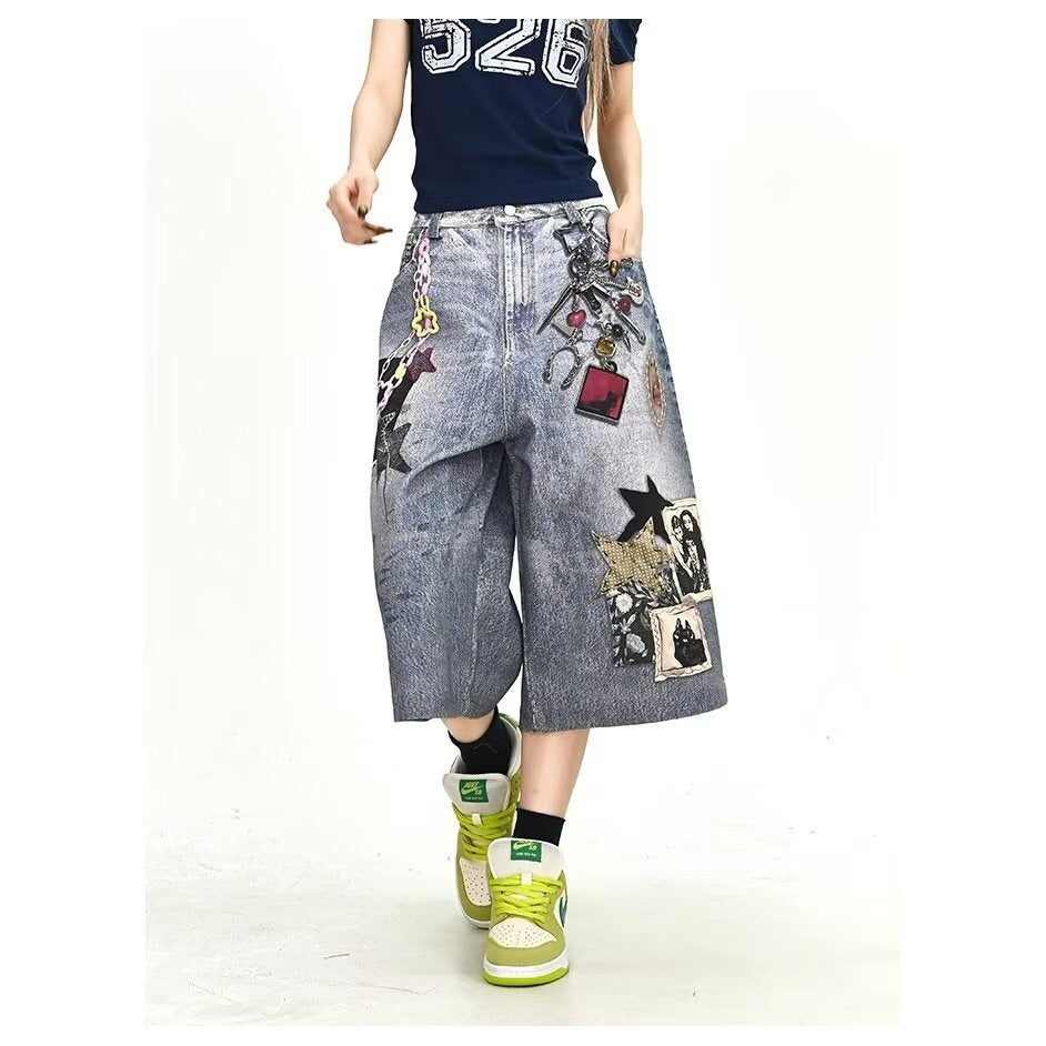 3D Printed Patchwork Denim Shorts for Men and Women