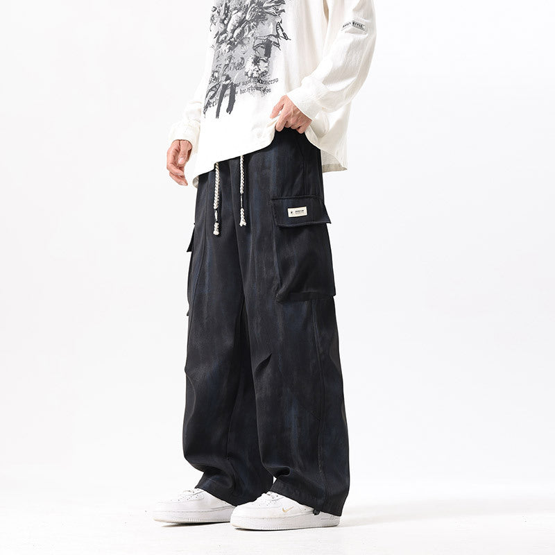 Vintage Distressed Dirty Gray Tie-Dye Casual Wide-Leg Loose Fashion Plus-Size Versatile Multi-Pocket Drawstring Pants Men's Clothing