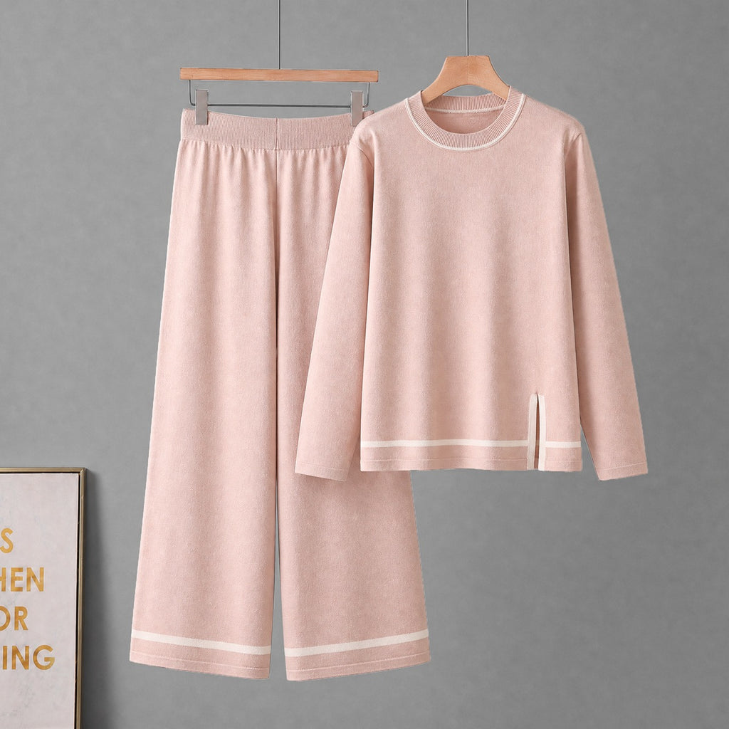 Long sleeved slit wide leg pants two-piece set for women