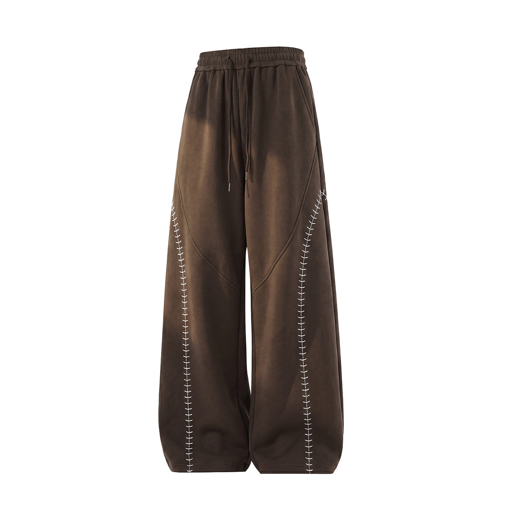 Light Retro Knife-Style Casual Pants for Men, Autumn Loose Fit with Drape, Color-Blocking Embroidery Panel Track Pants