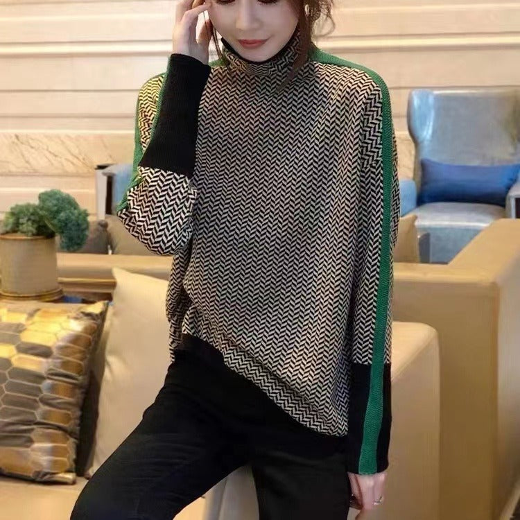 High neck patchwork striped lazy style sweater for women