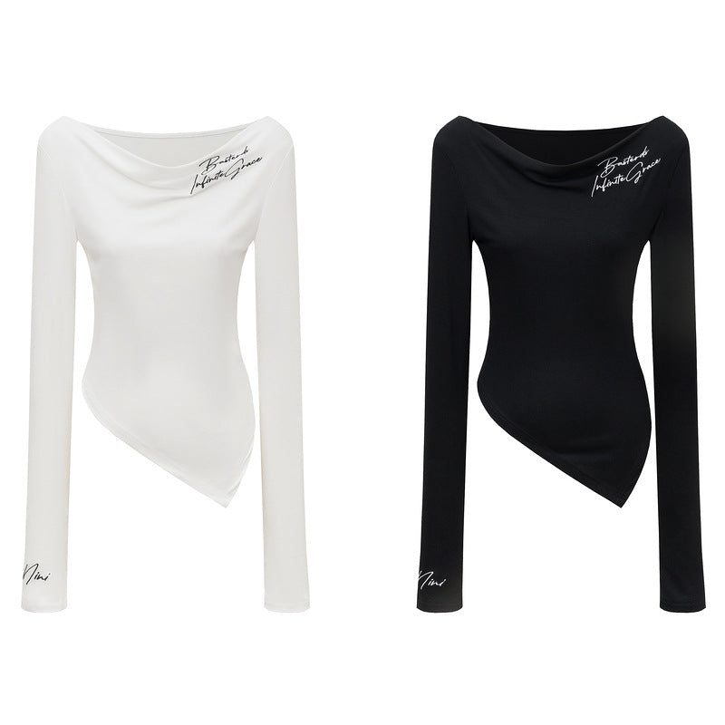 Swing collar long sleeved T-shirt with diagonal cut hem