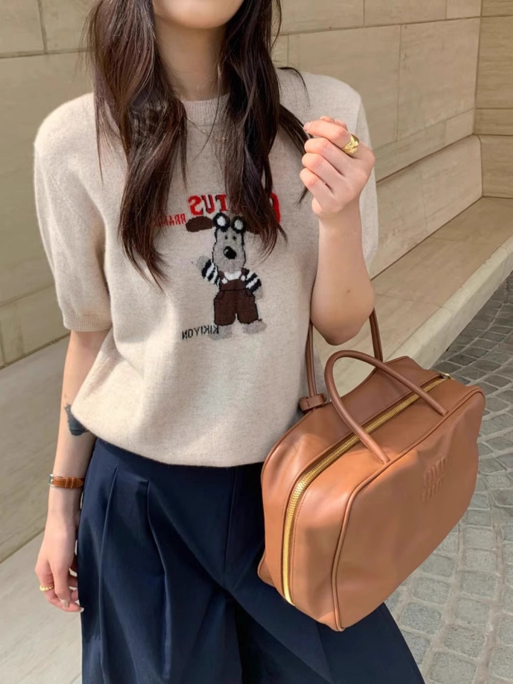 Cartoon Dog Short Sleeve Knitted Shirt for Women