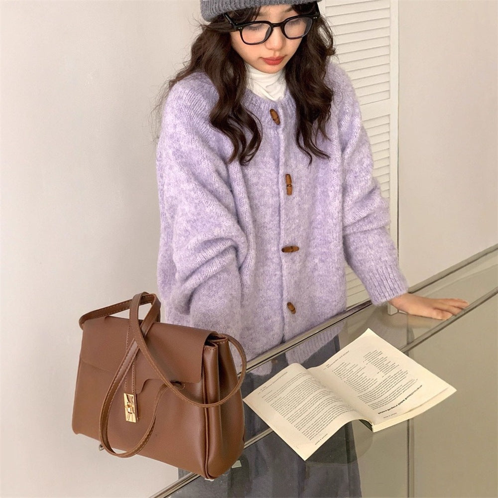Round neck sweater women's cow horn button jacket