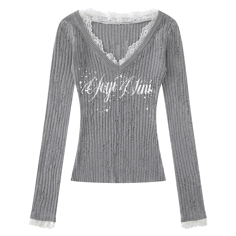 V-neck lace patchwork long sleeved knitted sweater for women
