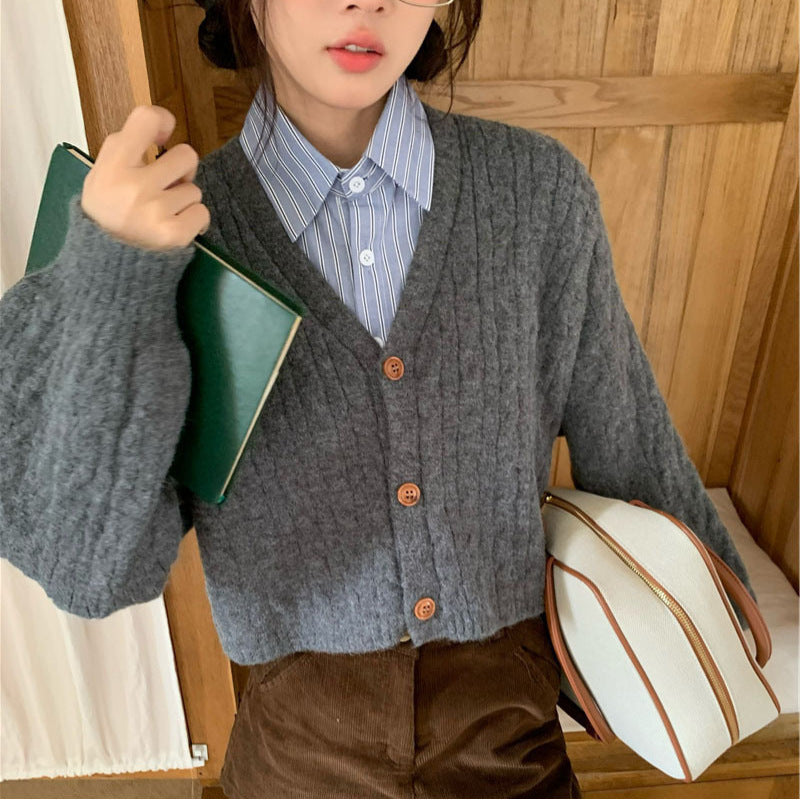 Short Knit Cardigan for Women, V-Neck Slim Fit Long Sleeve Sweater Top