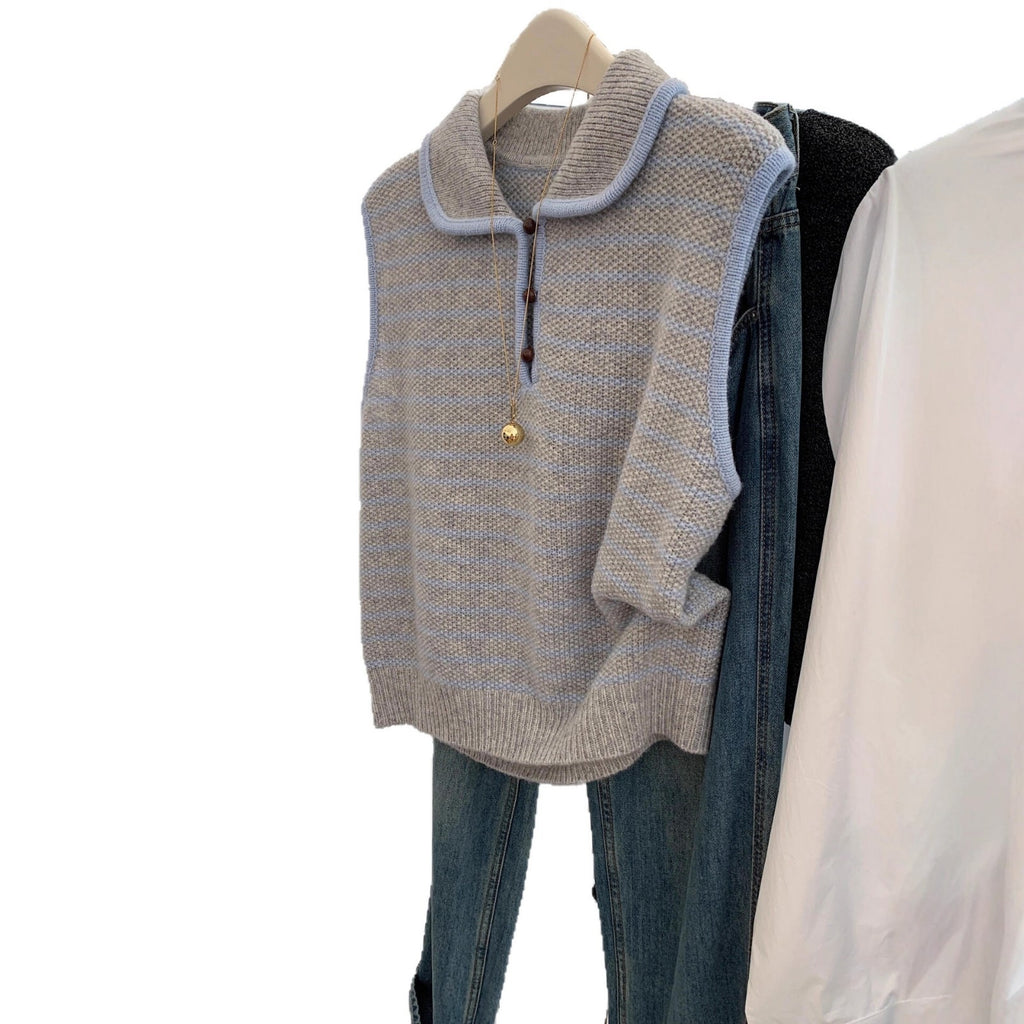 Striped polo collar vest knit sleeveless camisole top with inner lining