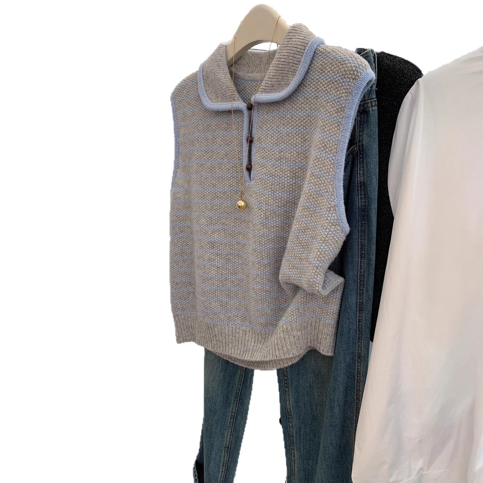 Striped polo collar vest knit sleeveless camisole top with inner lining