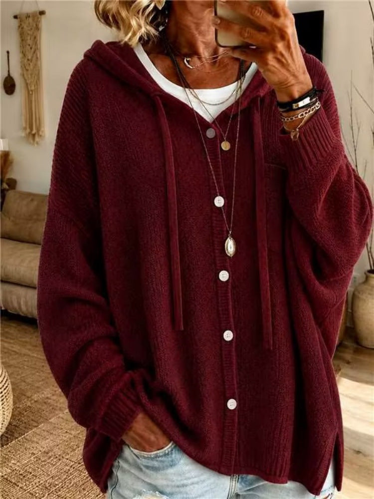Button knit hooded sweater cardigan jacket