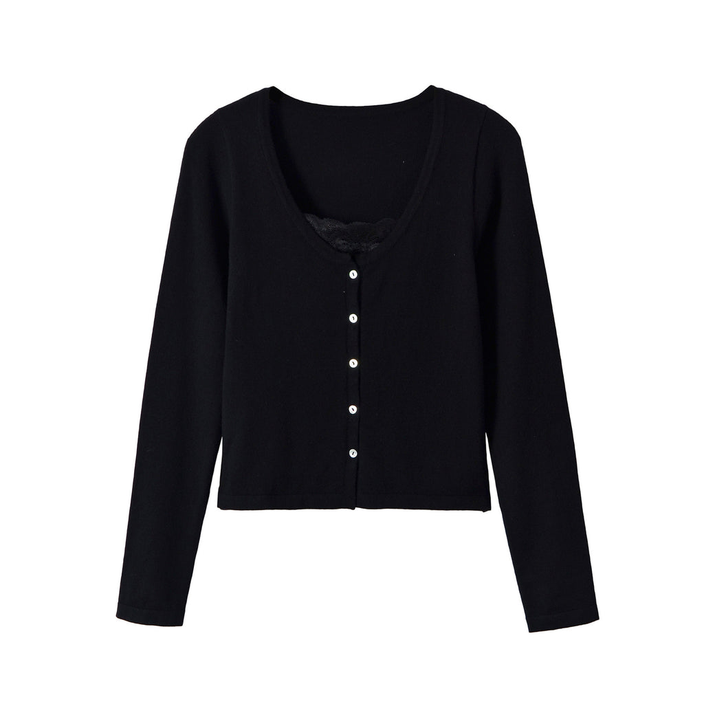 Long sleeved V-neck lace patchwork top