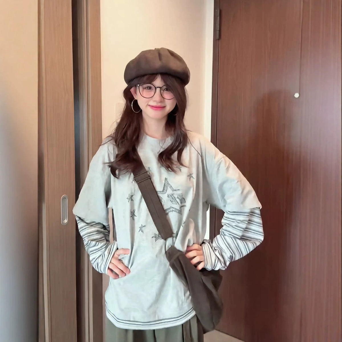 Vintage Color-Block Stripe Long Sleeve Round Neck T-Shirt for Women
