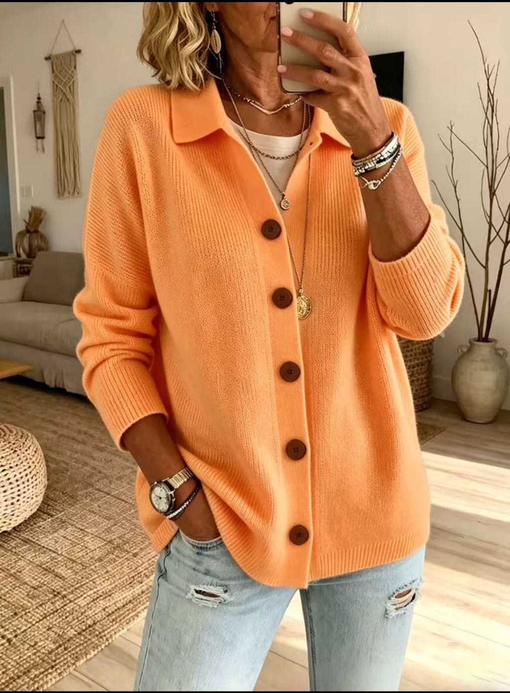 Button knit lapel sweater cardigan jacket