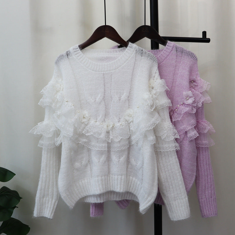 Splicing mesh flower sweater